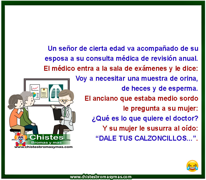 Un señor de cierta edad va acompañado de su esposa a su consulta médica de revisión anual. El médico entra a la sala de exámenes y le dice: