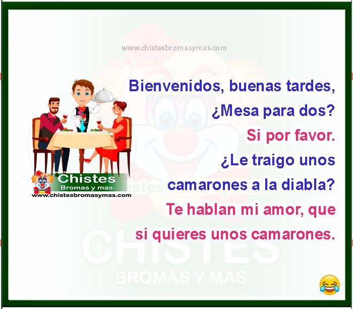 Bienvenidos, buenas tardes. ¿Mesa para dos? Si por favor. ¿Le traigo unos camarones a la diabla? Te hablan mi amor, que si quieres unos camarones.